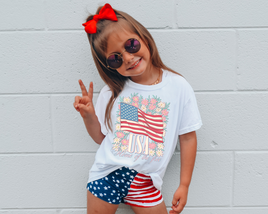 Floral USA Flag 4th Of July Kids Graphic Tee