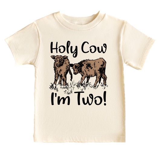 Holy Cow I'm Two Western Birthday Tee White & Cream Options